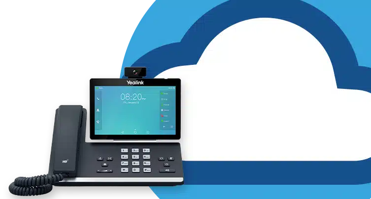 Yealink Modern touchscreen desk phone with a handset, positioned in front of a stylized blue and white cloud graphic, representing cloud-based communication.