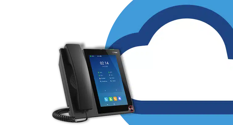 Modern touchscreen desk phone with a handset, positioned in front of a stylized blue and white cloud graphic, representing cloud-based communication.